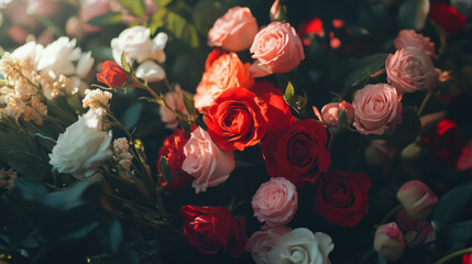 Poster - Chaotic floral arrangement with roses and blossoms in vibrant light, perfect for nature-inspired designs