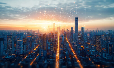 Poster - Advanced Futuristic Smart City Skyline Featuring AI Driven Technology and Glowing Skyscrapers at Sunset Panoramic View of a Modern Metropolis with Innovative Architecture and Infrastructure ,

