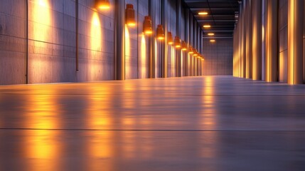 Poster - A modern corridor illuminated by warm lights, showcasing sleek concrete walls and a polished floor.