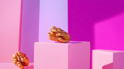 Poster - Vibrant display of lobio and walnuts on geometric pastel background for contemporary designs