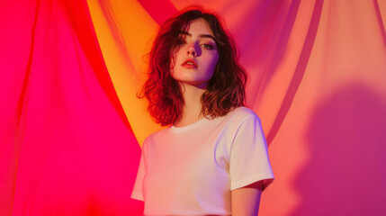 Poster - Portrait of a woman with shoulder length hair in vibrant lighting for creative design