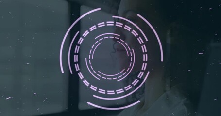 Poster - In office, person working with futuristic digital interface animation on screen