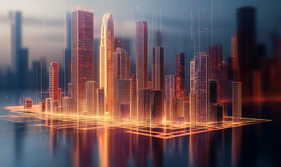 Poster - Advanced Architectural Holographic Blueprint of a Futuristic Digital City Skyline with Skyscrapers Minimalist Geometric Patterns and Gradient Lighting Effects ,


