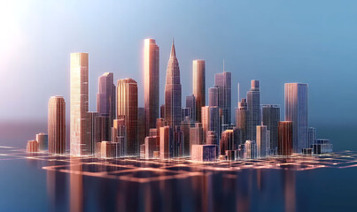 Poster - Advanced Architectural Holographic Blueprint of a Futuristic Digital City Skyline with Skyscrapers Minimalist Geometric Patterns and Gradient Lighting Effects ,

