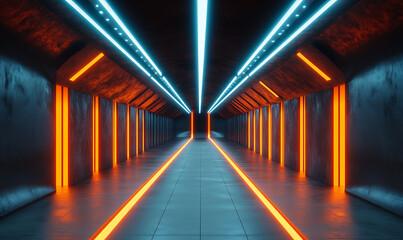 Poster - Futuristic and minimalist underground research facility with a sleek geometric architectural design and glowing illuminated orange and blue lights lining the high tech tunnel This surreal,

