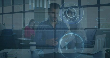 Poster - In office, business professionals processing digital data with animation overlay