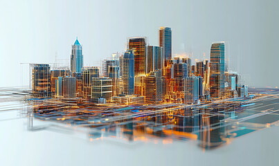 Poster - Futuristic AI Driven Architectural Model Floating as a Holographic Cityscape A complex dynamic and vibrant digital visualization of a modern high tech urban landscape with skyscrapers towers,

