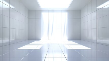 Poster - Bright and Spacious Minimalist Room with White Tiles and Light