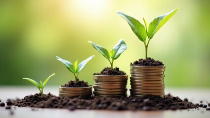 Poster - growing plants symbolizing financial growth. Stacks of coins represent increasing wealth and investment, with plants growing out of the coins