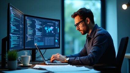 Aufkleber - a man working on his computer, coding on multiple screens, with focus and dedication, and with the soft glow of the screen and the surrounding environment