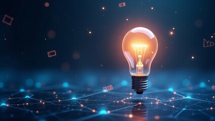 Poster - a glowing light bulb illuminating a network of connected dots, representing ideas and innovation. The bulb is emitting a bright light and surrounded by particles