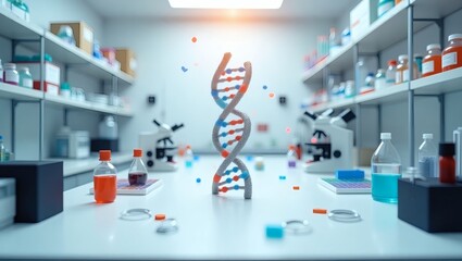 Poster - a DNA model placed in a modern laboratory filled with scientific equipment. The model is illuminated, emphasizing scientific advancement and research