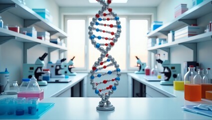 Poster - a DNA model in a modern laboratory setting, symbolizing scientific progress and medical research