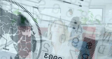 Poster - Business people in office with data processing animation overlaying their activities