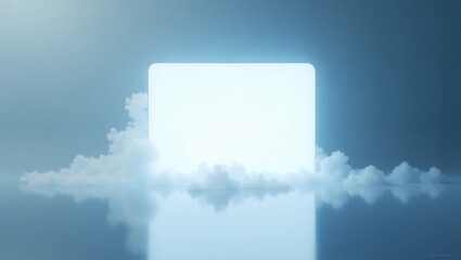 Poster - A luminous square screen floating above fluffy clouds with a reflection on the water, evoking a sense of serenity and innovation. The screen emanates a soft glow, suggesting a portal to another realm.