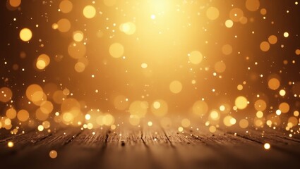 Poster - sparkling golden bokeh lights create a magical atmosphere on a wooden surface