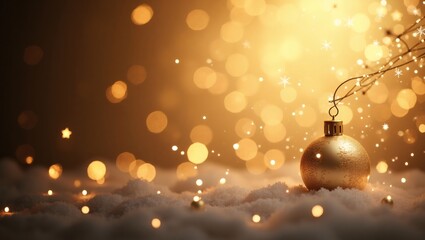 Poster - a golden Christmas ornament hanging, adorned with shimmering lights and bokeh effect creating a festive atmosphere