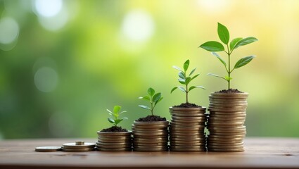 Poster - stacks of coins with growing plants on top, symbolizing financial growth and investment