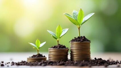 Poster - growing plants sprout from stacks of coins, symbolizing financial growth and investment