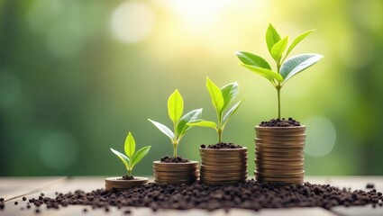 Poster - growing plants on coin stacks, symbolizing financial growth and investment. The image depicts fresh starts and progress. 