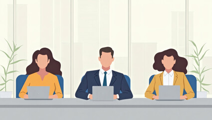 Poster - business people are sitting behind a table. They are working with their laptop and looks very serious.