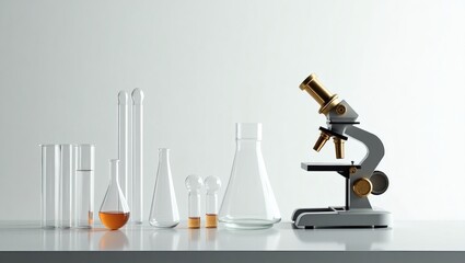 Poster - microscope and chemical glassware with different liquids, science laboratory equipment