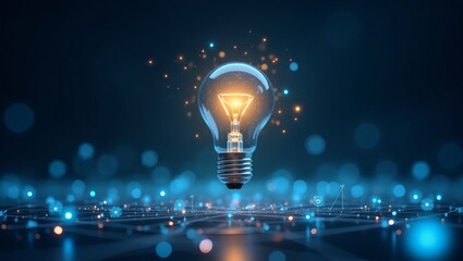 Poster - a glowing light bulb representing an idea or innovation. The light bulb shines brightly, surrounded by sparks and a blue background