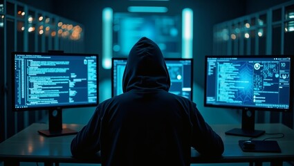 Poster - a hooded hacker sitting in front of multiple computer monitors, displaying code on a dark background