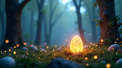 Poster - a mystical, glowing egg in the heart of a magical forest, surrounded by shimmering lights and tall trees. The scene evokes wonder and enchantment