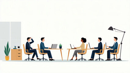 Poster - a team of five people working together in a meeting, with computers and a desk