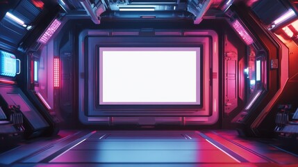 Poster - A futuristic interior showcases a display screen in a corridor