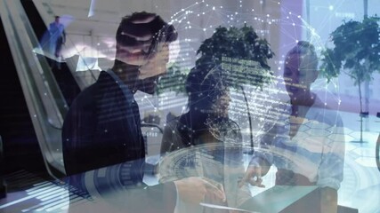 Poster - Collaborating, business professionals using digital data with network connections overlay