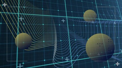 Poster - Animation of 3D spheres with grid lines forming dynamic wave patterns