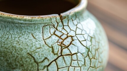 Poster - Detailed Close-Up of Cracked Ceramic Pot with Green Glaze Finish