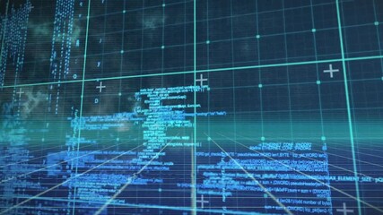 Aufkleber - Forming 3D network, digital grid with blue text and data points in animation