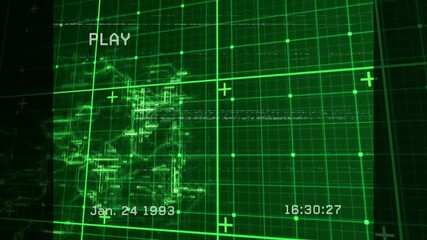 Aufkleber - Animation of green digital grid overlay with date and time in vintage style