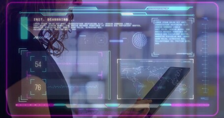 Poster - Using tablet with animation overlay, person viewing data and world map
