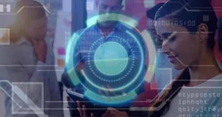 Poster - Using digital tablet, diverse professionals analyzing futuristic data in office