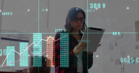 Poster - Analyzing financial graphs, businesswoman processing data with animation overlay