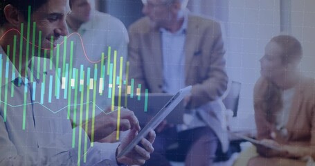 Poster - Discussing data, business professionals with financial graph animation in office setting
