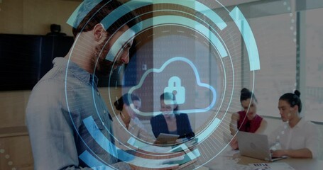 Poster - Collaborating in office, business team with cloud security animation overlay scene