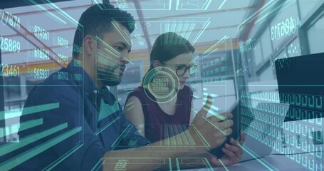Poster - Two people collaborating on tablet with digital data overlay animation