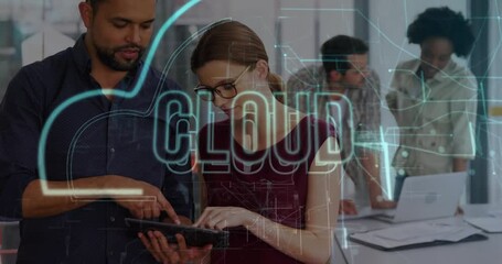 Poster - Diverse team collaborating on tablet with cloud computing animation overlay
