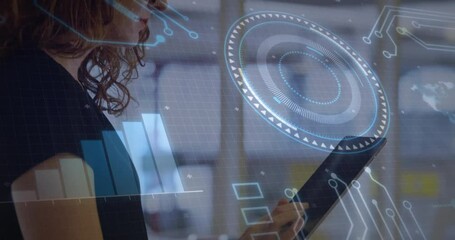 Poster - Using tablet with futuristic data overlay, woman analyzing information in office