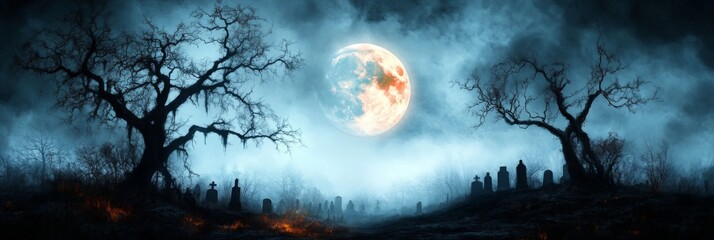 a gothic panoramic scene of a shadowy graveyard under a full moon, with twisted trees, fog rolling a