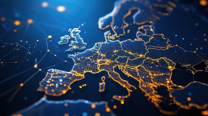 Poster - A vibrant digital map of Europe illuminated with bright dots and lines, symbolizing connectivity and data flow across the continent.