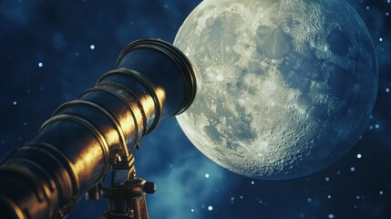 Wall Mural - a telescope observes a full moon in a starry night sky