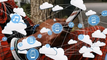 Poster - Using smartphone outdoors, person interacting with cloud and music animation icons