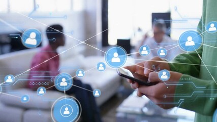 Poster - Using smartphone, person viewing animation of social media icons in living room