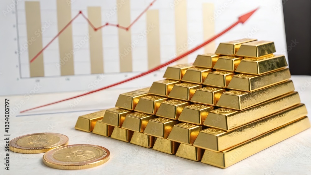 Pyramid of gold bars with coins and a graph indicating growth. Stock ...